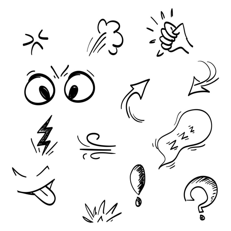 Doodle set cartoon expressions effects. Hand drawn emoticon effects design elements. vector illustration