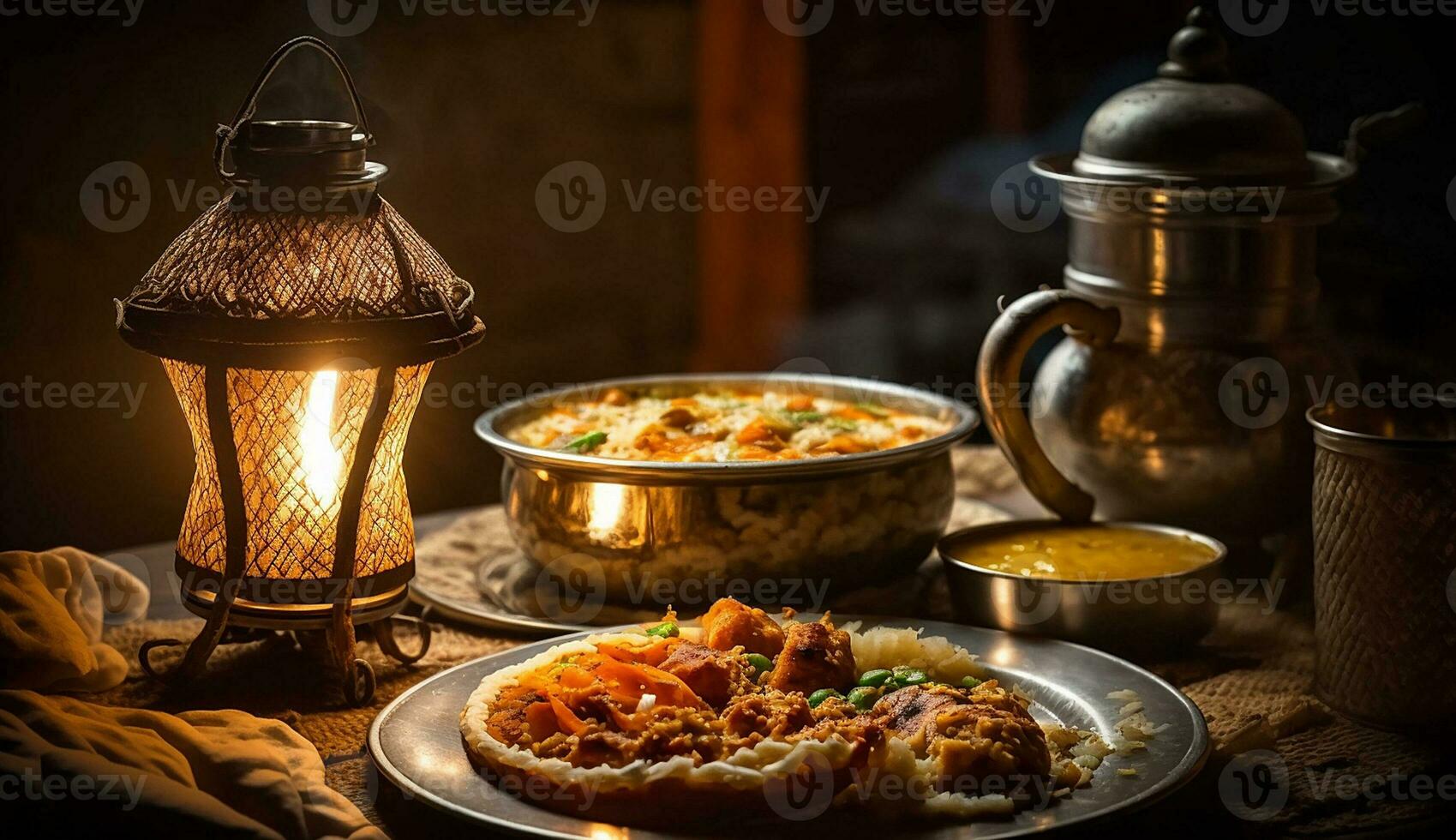 Happy diwali, lantern and india food dishes for background, poster, illustration photo