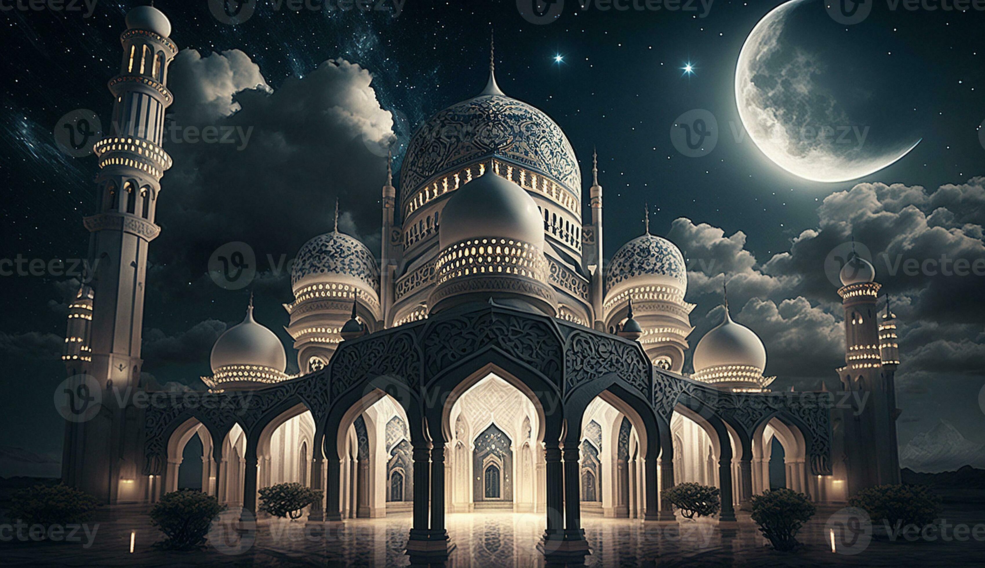 Beautiful mosque landscape and halfmoon for islamic background, poster