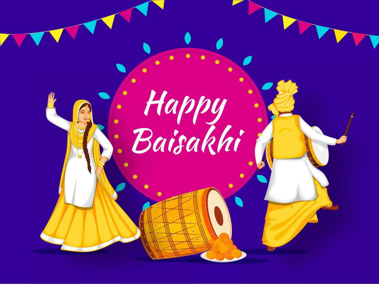 Happy Baisakhi Celebration Background with Punjabi Man Playing Dhol, Young Woman Dancing and Indian Sweets. vector