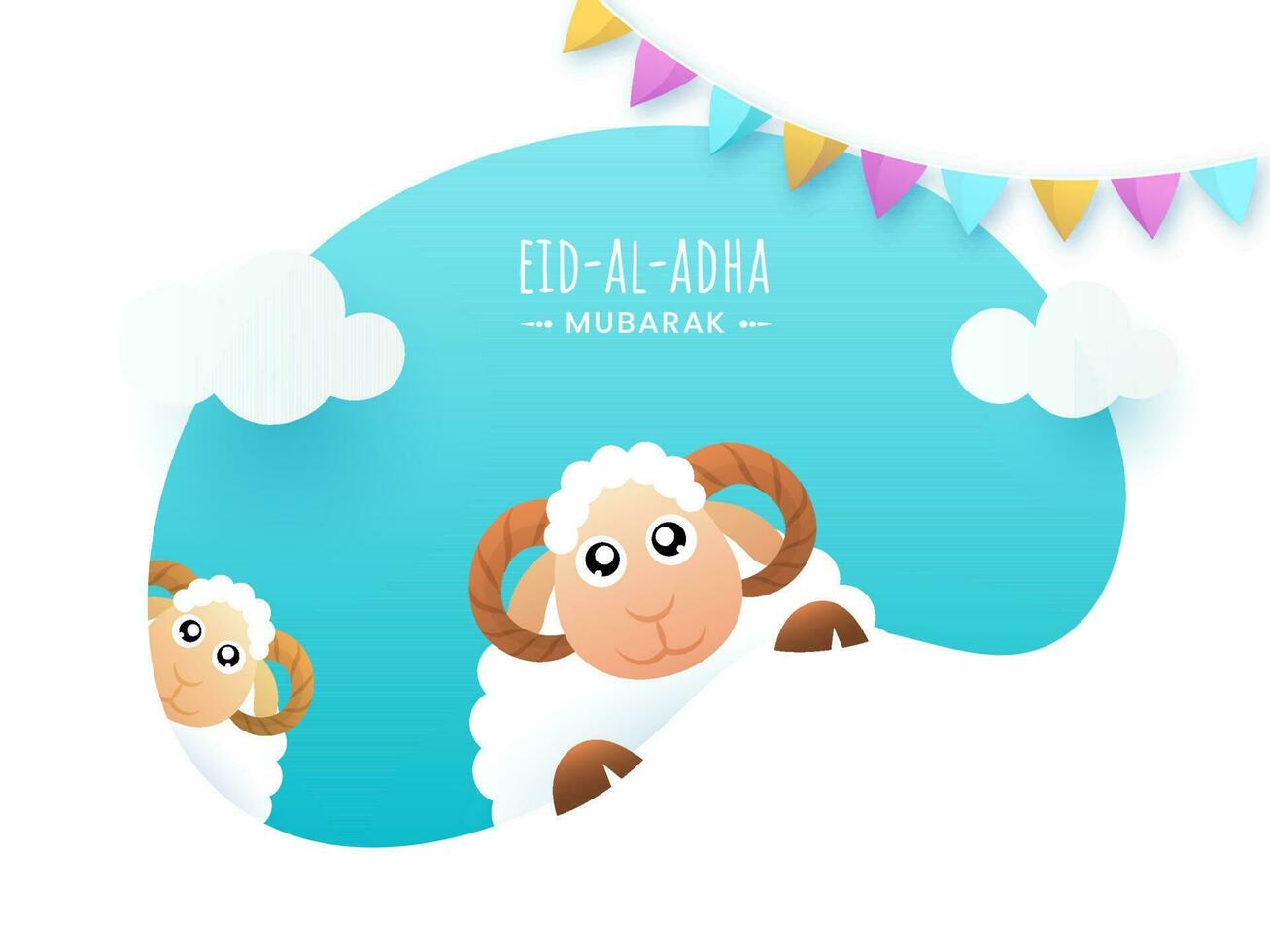 Eid al-Adha Mubarak concepto con dibujos animados dos oveja y verderón banderas decorado en papel cortar resumen antecedentes. vector