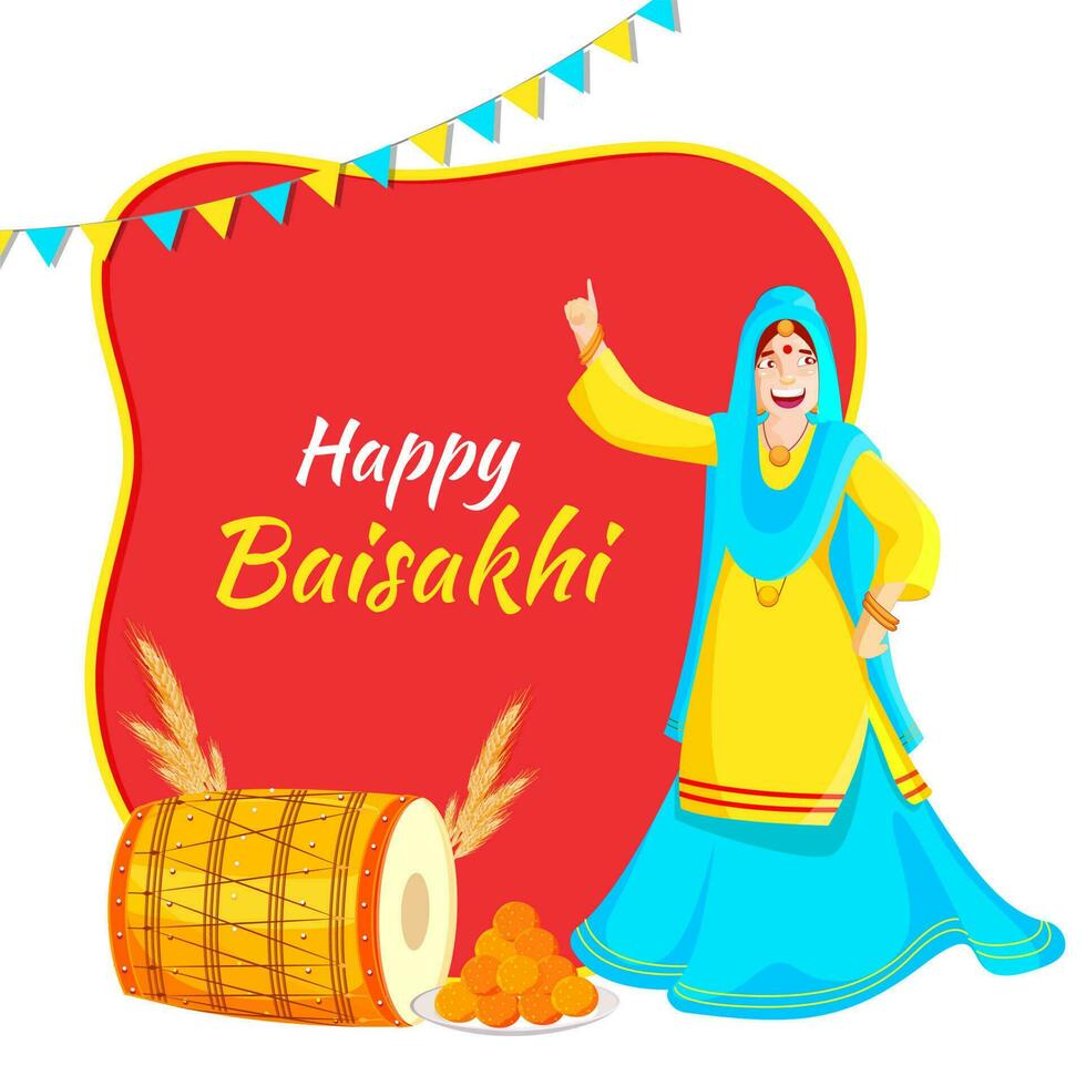 Happy Baisakhi Font with Punjabi Woman Dancing, Wheat Ear and Indian Sweets on Red and White Background. vector