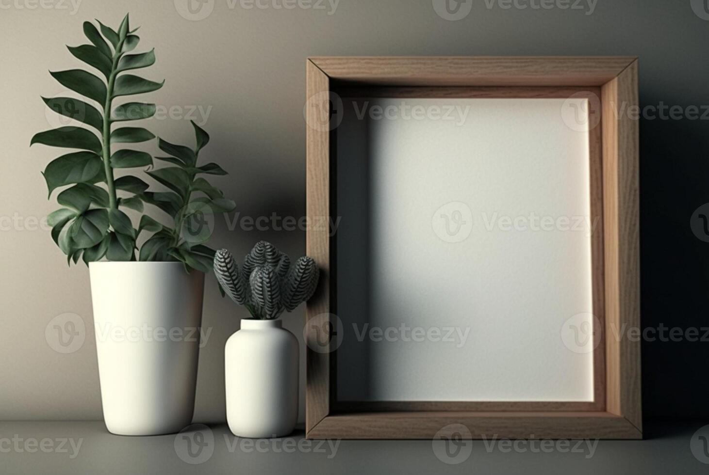 Wooden frame mockup with plant in vase on wall background, photo