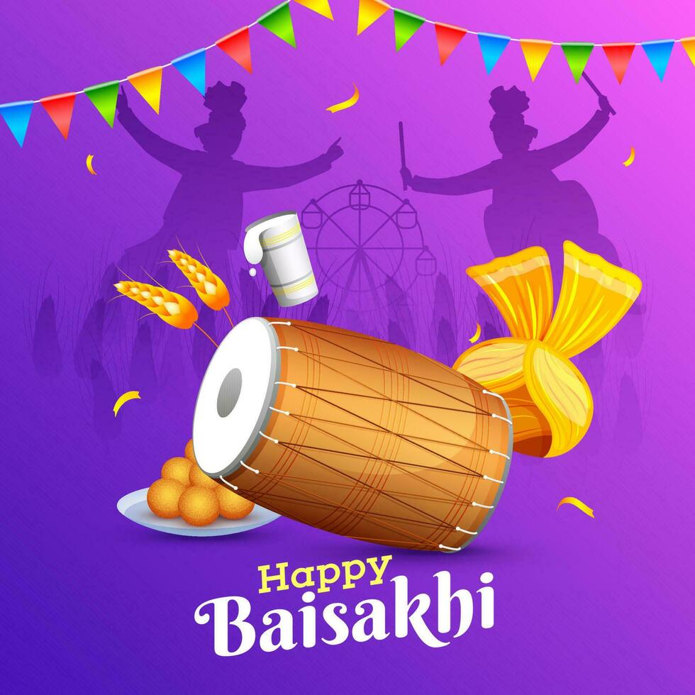 Happy Baisakhi Celebration Background with Silhouette Punjabi Men Dancing, Dhol, Turban, Wheat Ear, Indian Sweets and Glass of Lassi Illustration. vector
