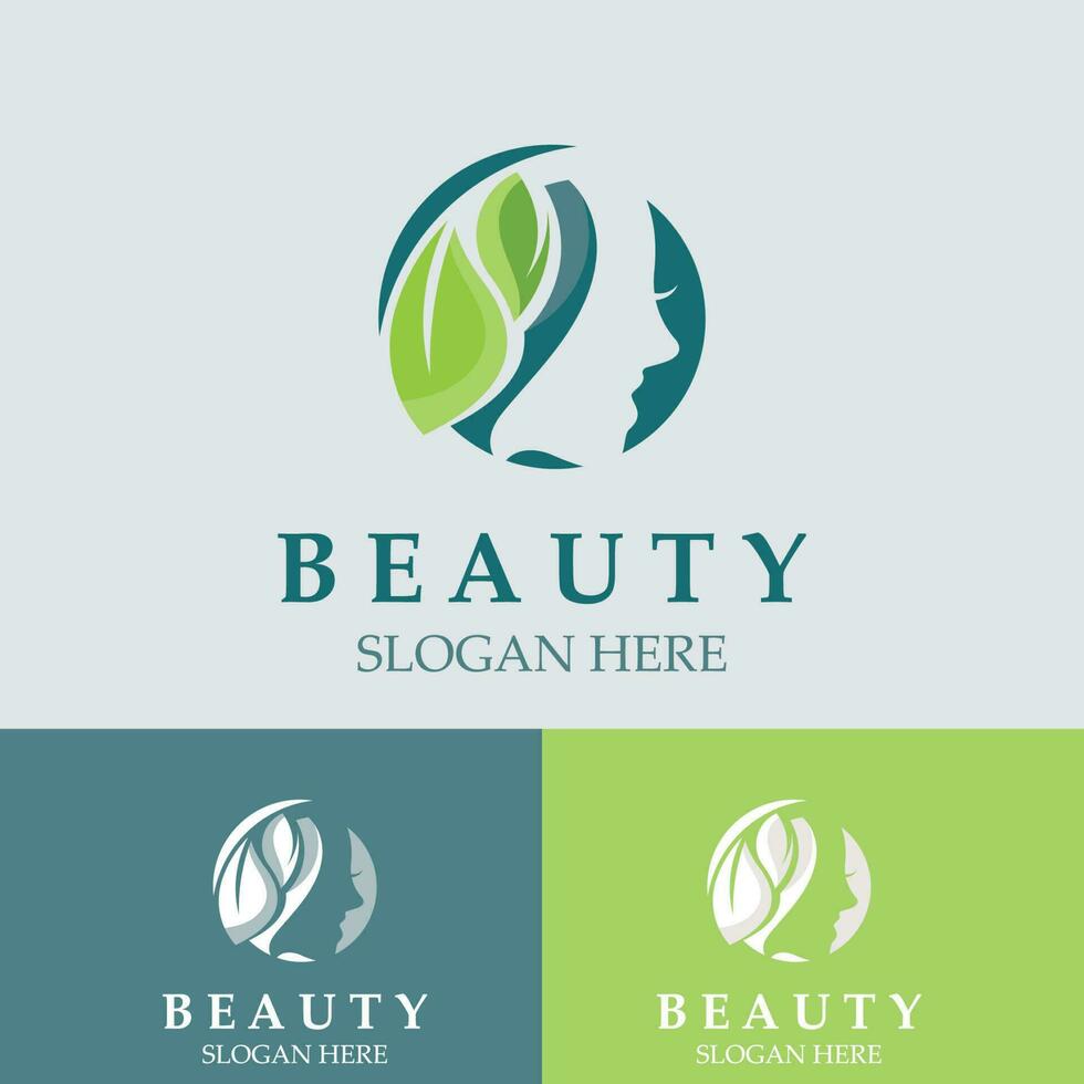 Woman Beauty care logo. fresh Nature beauty face saloon and spa design flat vector