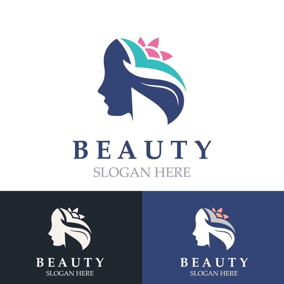 Woman Beauty care logo. fresh Nature beauty face saloon and spa design flat vector