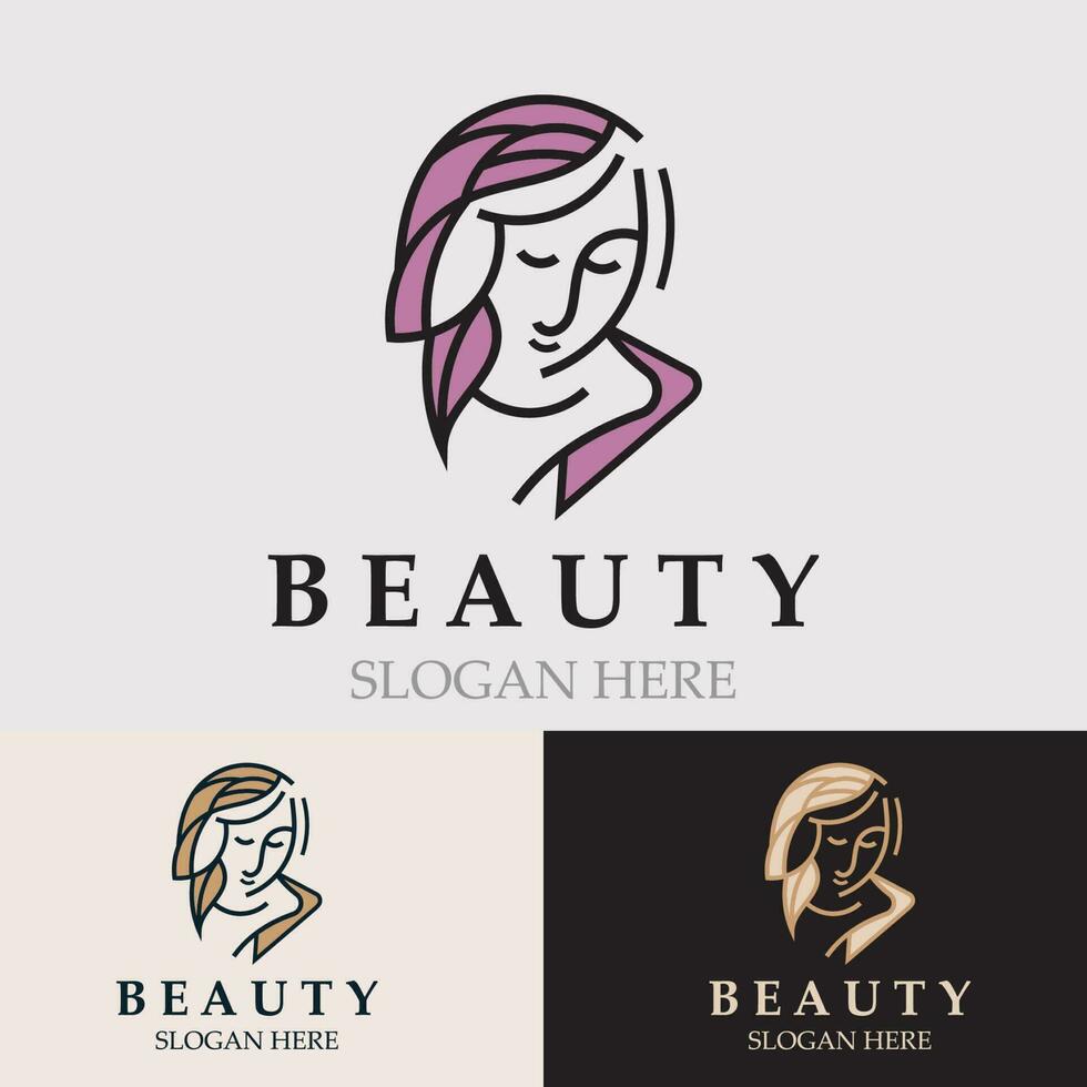 mujer belleza cuidado logo. naturaleza cara salón y spa diseño plano vector