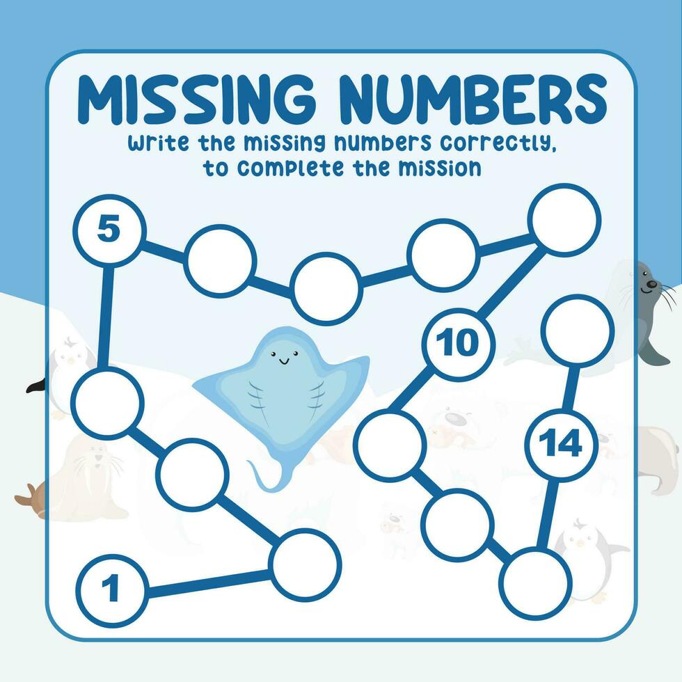 Missing numbers. Write the answer correctly. Educational printable math worksheet. Count and write activity. Counting practice. Vector file.