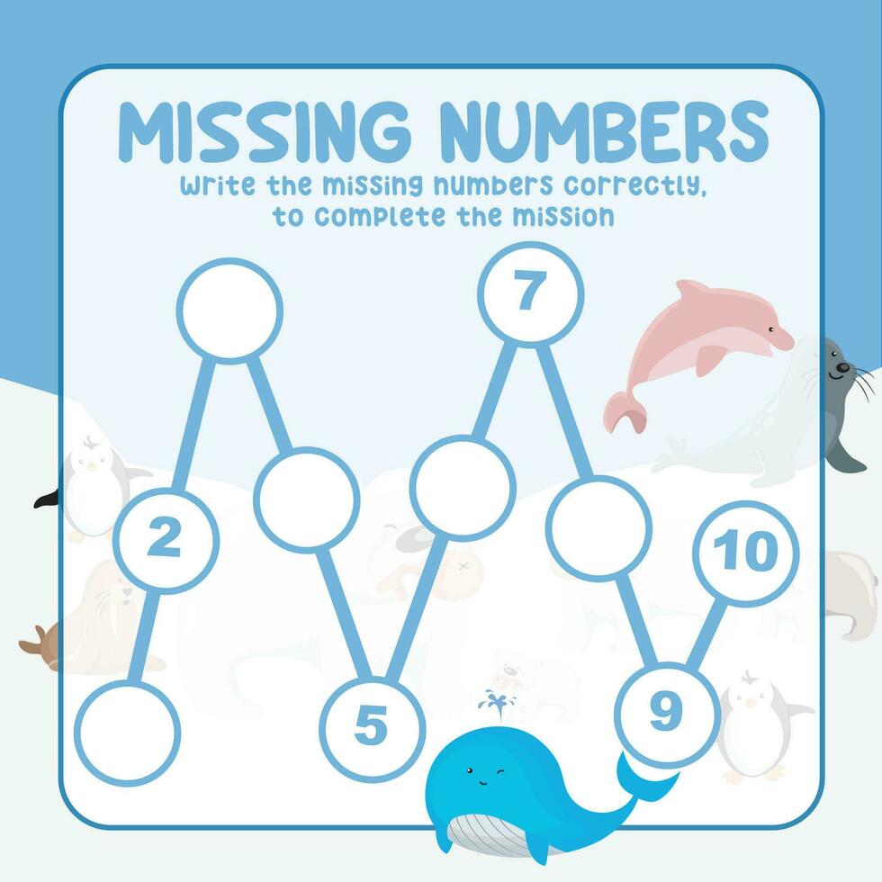 Missing numbers. Write the answer correctly. Educational printable math worksheet. Count and write activity. Counting practice. Vector file.