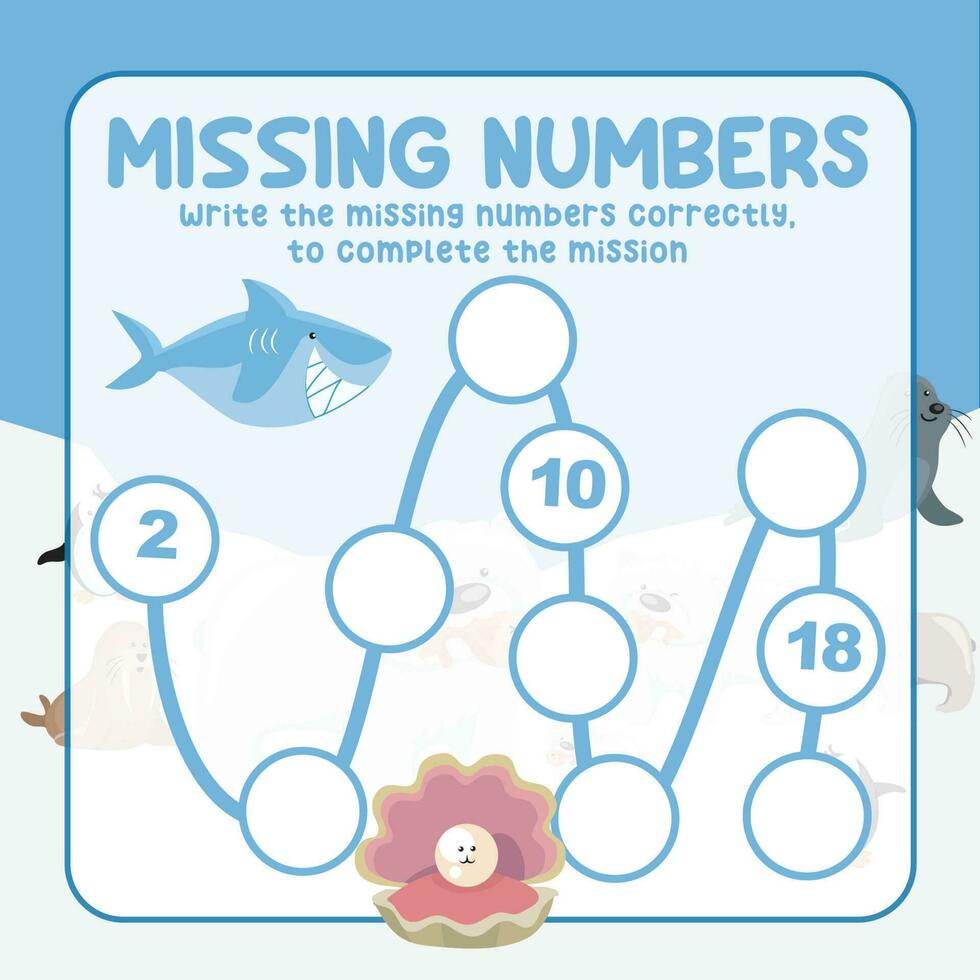 Missing numbers. Write the answer correctly. Educational printable math worksheet. Count and write activity. Counting practice. Vector file.