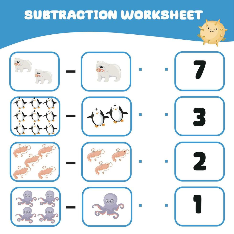 Mathematic counting worksheet. Math activity, count and match the answer. Educational printable math worksheet for children. Vector File.