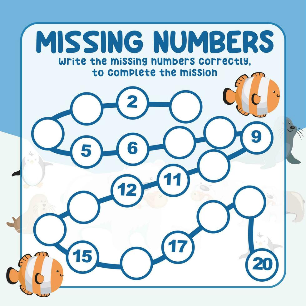 Missing numbers. Write the answer correctly. Educational printable math worksheet. Count and write activity. Counting practice. Vector file.