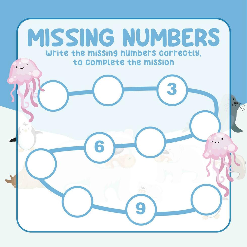 Missing numbers. Write the answer correctly. Educational printable math worksheet. Count and write activity. Counting practice. Vector file.