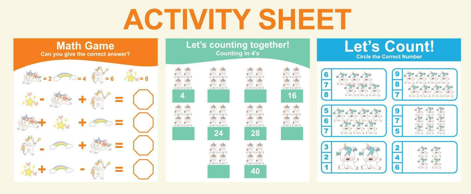 Activity sheet for children. 3 in 1 Educational printable worksheet. Mathematic worksheet for kids. Count and write activity for kids. Vector illustrations.