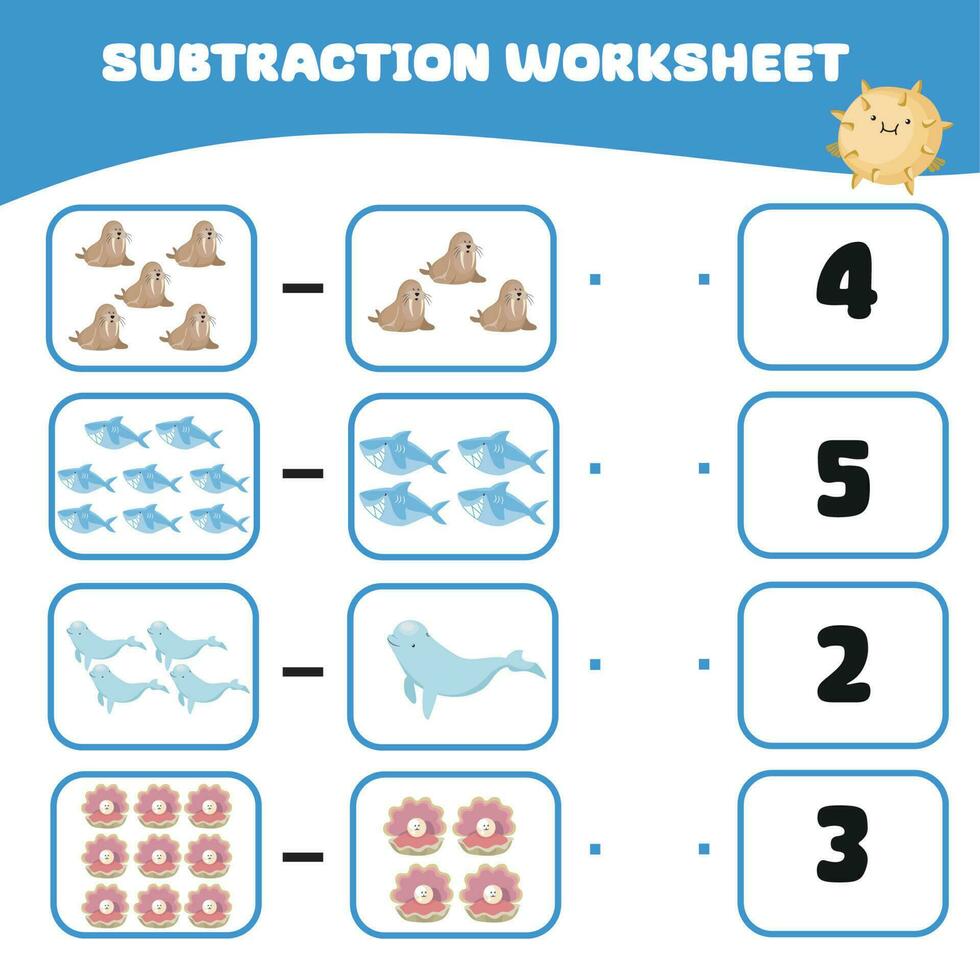 Mathematic counting worksheet. Math activity, count and match the answer. Educational printable math worksheet for children. Vector File.