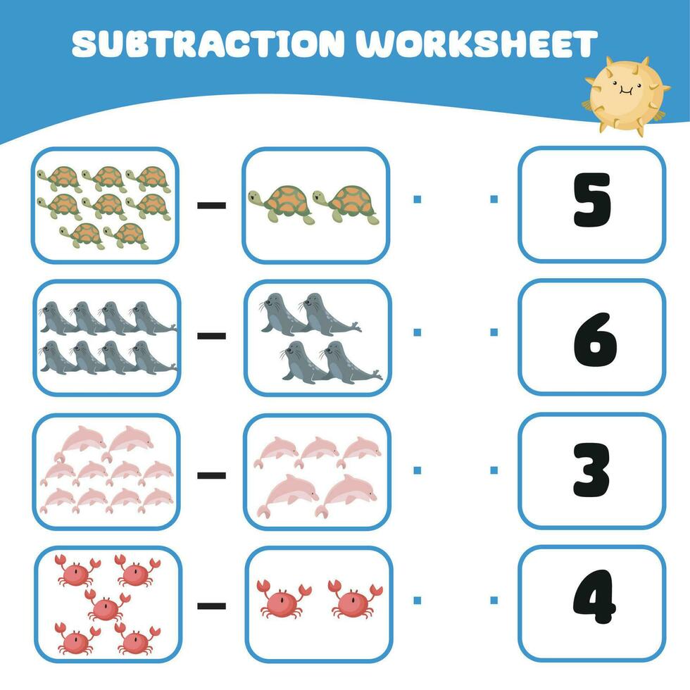 Mathematic counting worksheet. Math activity, count and match the answer. Educational printable math worksheet for children. Vector File.