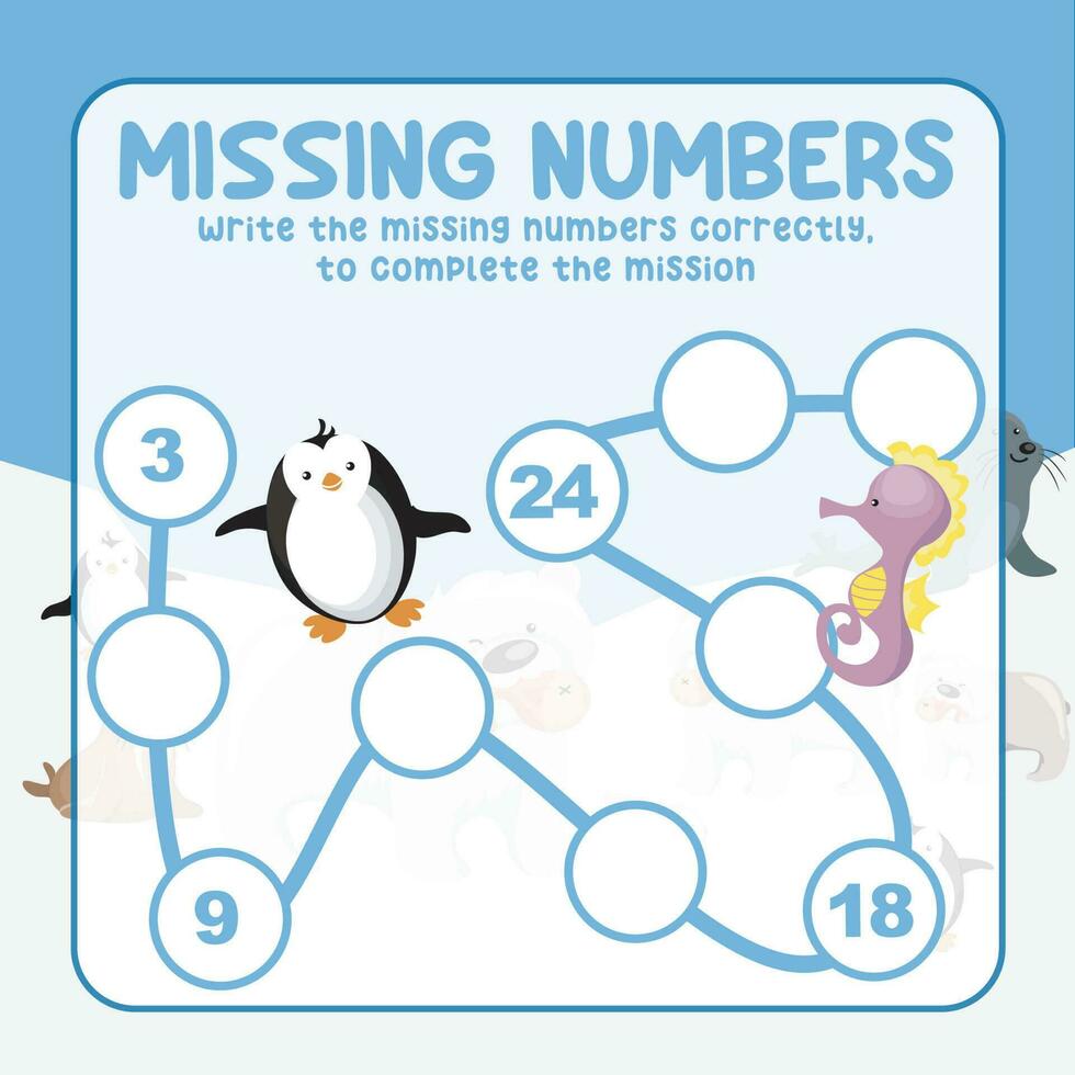 Missing numbers. Write the answer correctly. Educational printable math worksheet. Count and write activity. Counting practice. Vector file.