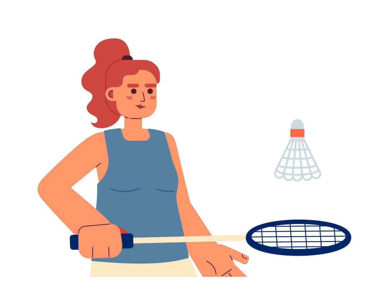 Female spanish player on badminton training semi flat colorful vector character. Sport woman with racquet. Editable half body person on white. Simple cartoon spot illustration for web graphic design