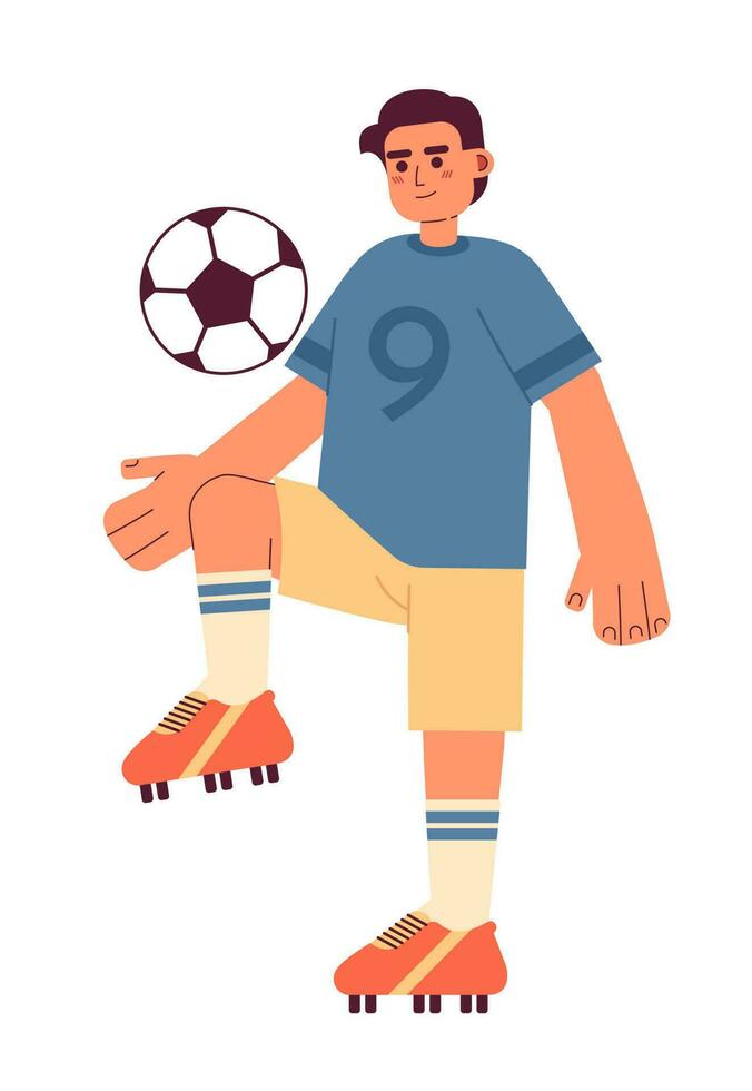 Young brazilian footballer kicking soccer ball semi flat colorful vector character. Male soccer player. Editable full body person on white. Simple cartoon spot illustration for web graphic design