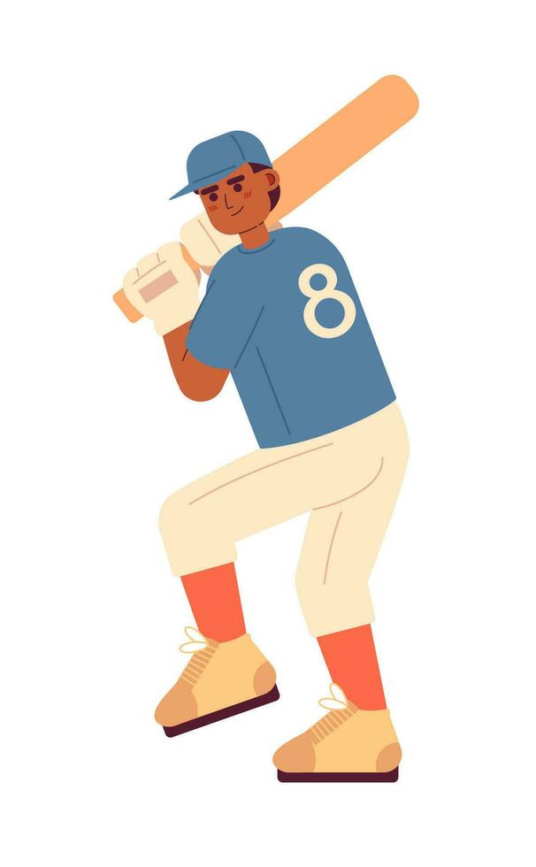 africano americano béisbol jugador en guata posición semi plano vistoso vector personaje. masa sostiene murciélago. editable lleno cuerpo persona en blanco. sencillo dibujos animados Mancha ilustración para web gráfico diseño