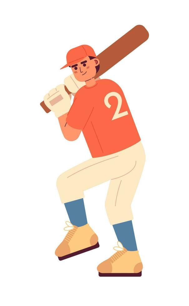 Young caucasian male batter in proper batting stance semi flat colorful vector character. Cricket sport. Editable full body person on white. Simple cartoon spot illustration for web graphic design