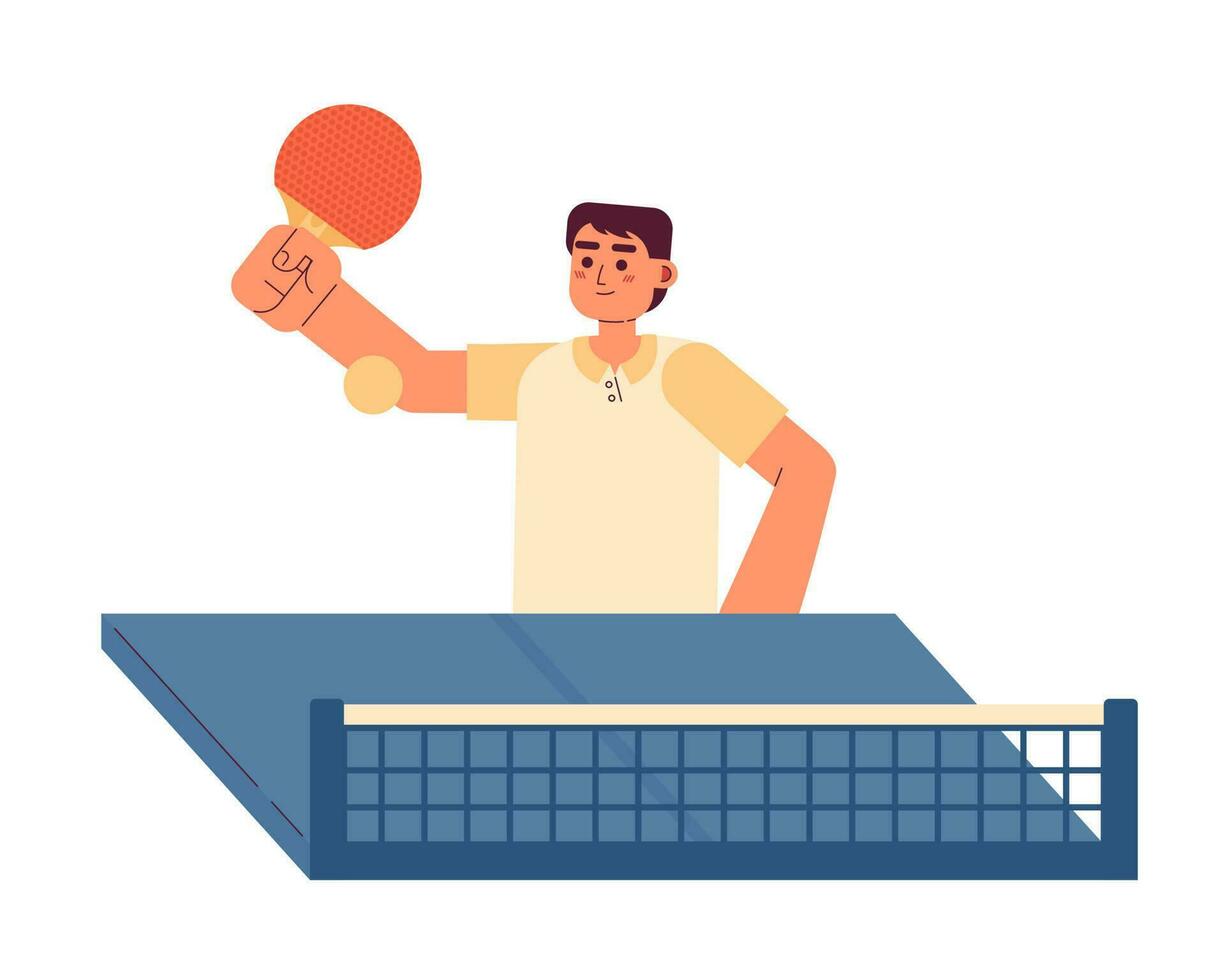 Asian man with paddle playing ping-pong match semi flat colorful vector character. Table tennis sport. Editable half body person on white. Simple cartoon spot illustration for web graphic design