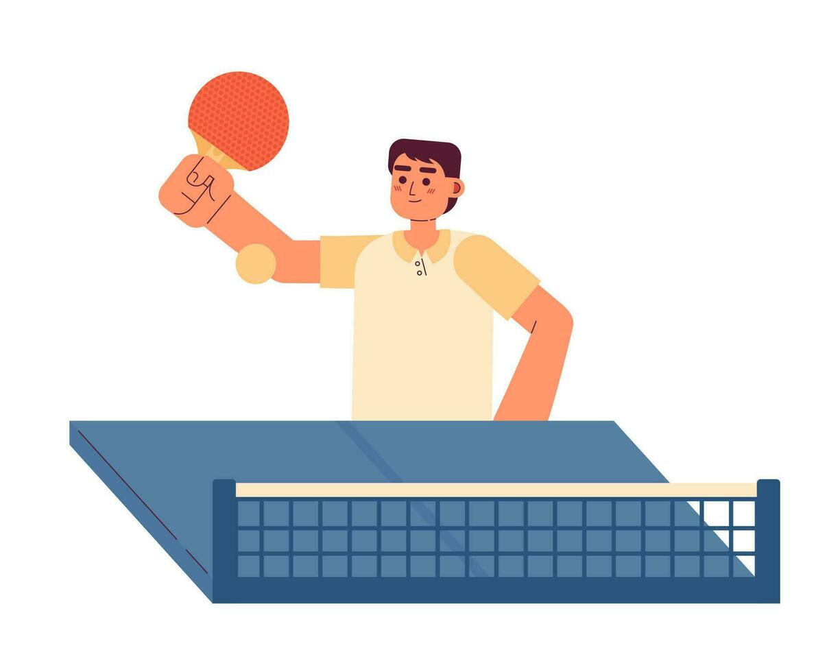 asiático hombre con paleta jugando ping pong partido semi plano vistoso vector personaje. mesa tenis deporte. editable medio cuerpo persona en blanco. sencillo dibujos animados Mancha ilustración para web gráfico diseño