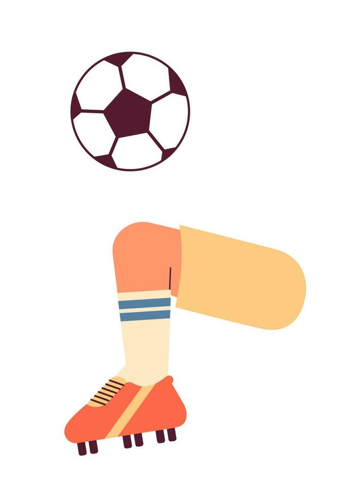 Soccer ball juggle semi flat colorful vector first view leg. Training camp. Fun game. Football drills practice. Editable closeup pov on white. Simple cartoon spot illustration for web graphic design