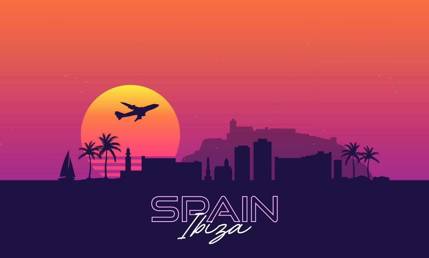 Skyline of Ibiza in Spain with synthwave vibes of 80's vector