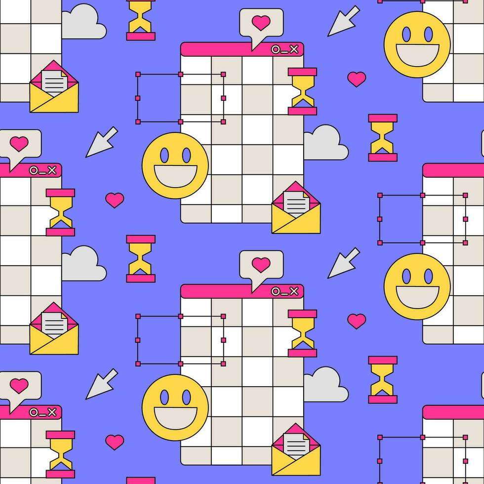 Seamless pattern with old computer windows, clouds, smiling emoji and computer arrow. Trendy Vector background in retrowave, y2k, 90s, 00s style.