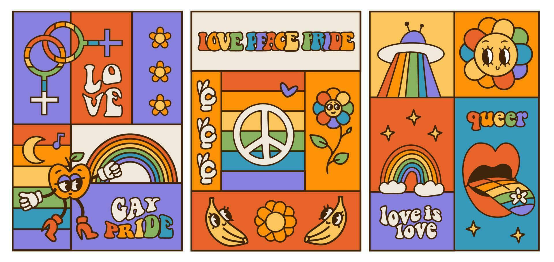 LGBT Pride Month Banners Collection with groovy queer slogans and phrase. Set of templates square designed with Rainbow colors and retro cartoon characters for LGBT Pride Month. Vector illustration.