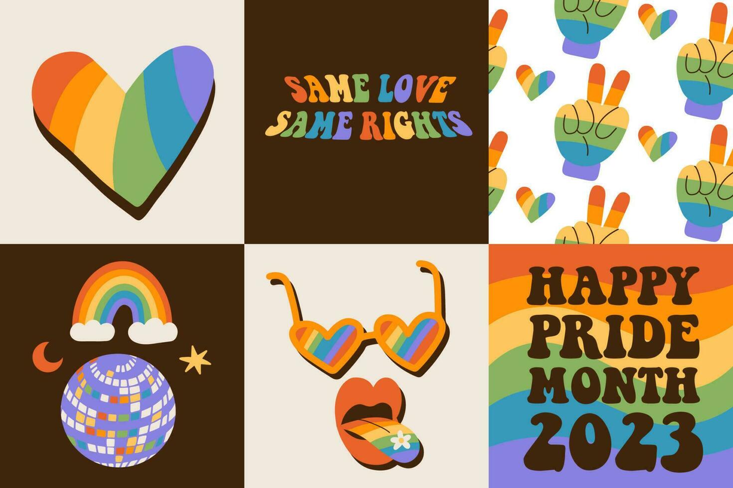 Set of 6 Pride month square cards with rainbow backgrounds, LGBTQ symbols, pattern, quote. Collection of queer social media post with groovy elements. LGBT banner in retro 60s 70s style. Flat Vector