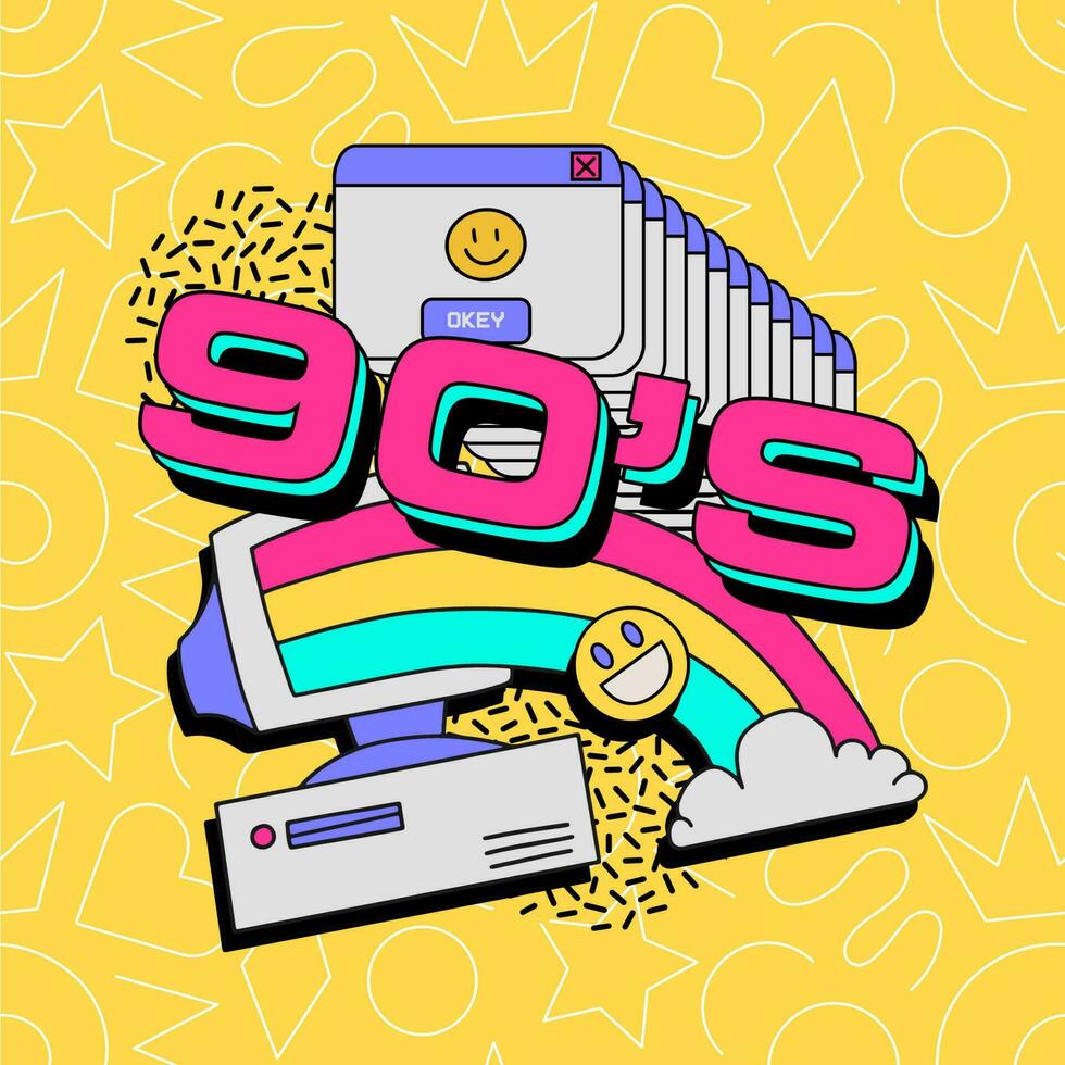 1990s memphis póster o tarjeta con computadora, arcoíris, ordenador personal ventana y geométrico elementos. espalda a el 90s onda. vector ilustración en de moda 80s-90s Clásico estilo.