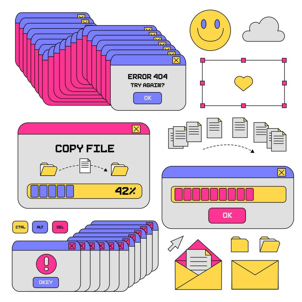 Vivid colors 80s old computer aestethic elements set. Retro pc user interface, operating system, windows, icons in trendy y2k style. Sticker pack of vector illustrations. Nostalgia for 1990s -2000s.