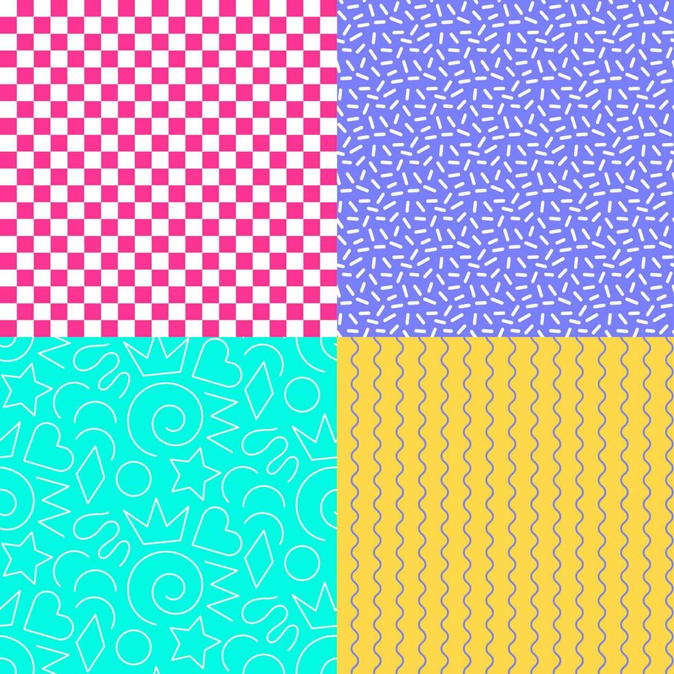 Set of fun colorful 90 s-00 s seamless pattern. Vivid creative abstract background collection for kids stuff. Vector simple childish scribble print textures.
