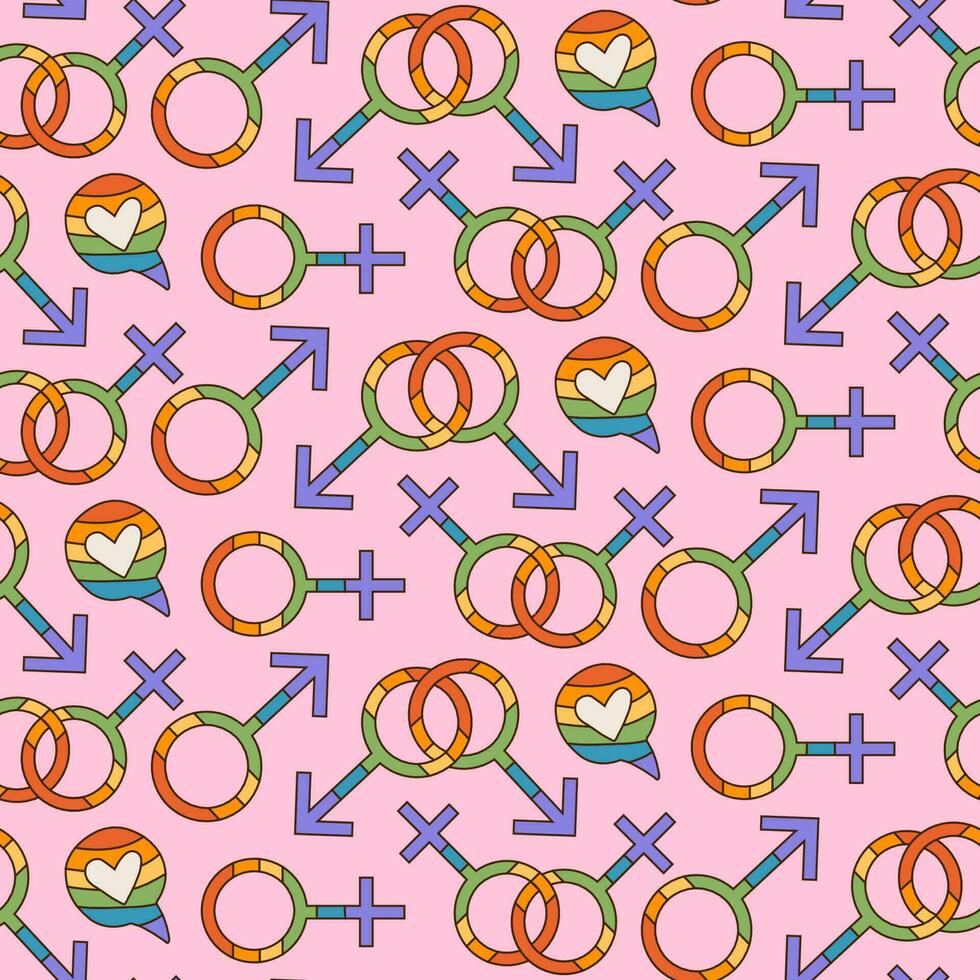LGBT seamless pattern with male and female Symbols of the LGBTQIA community. Pride Month backdrop with Rainbow elements. Contour vector illustration in retro 70s style.