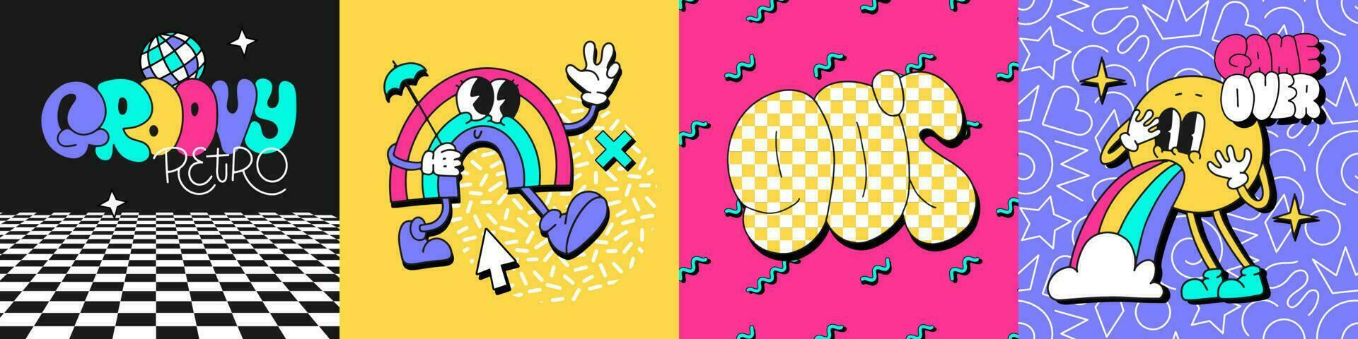 Trendy retro party square posters set with symbols of toons rainbow character, emoji, lettering 90s and disco retro groovy text. Vector banners with trendy 80s-00s comic patches.