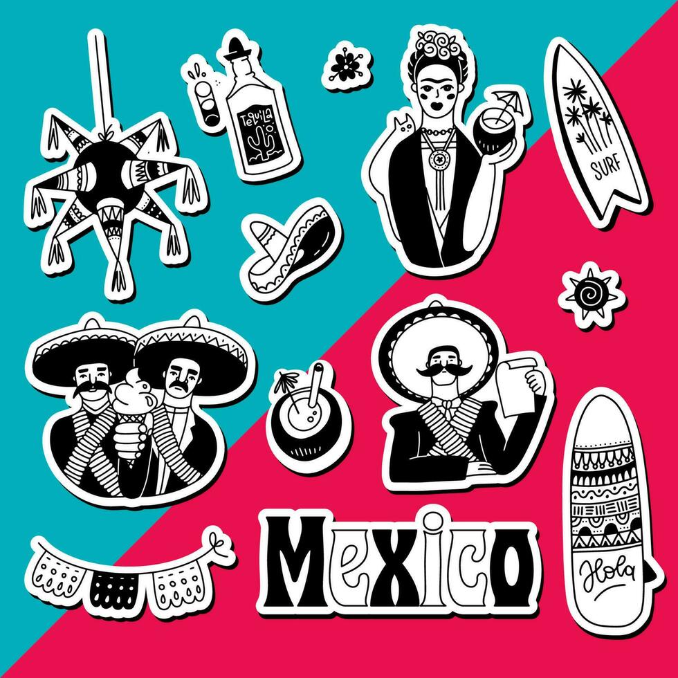 Summer Stickers Set of mexican national things. Doodle sketch style vector illustration. Mexico style collection.