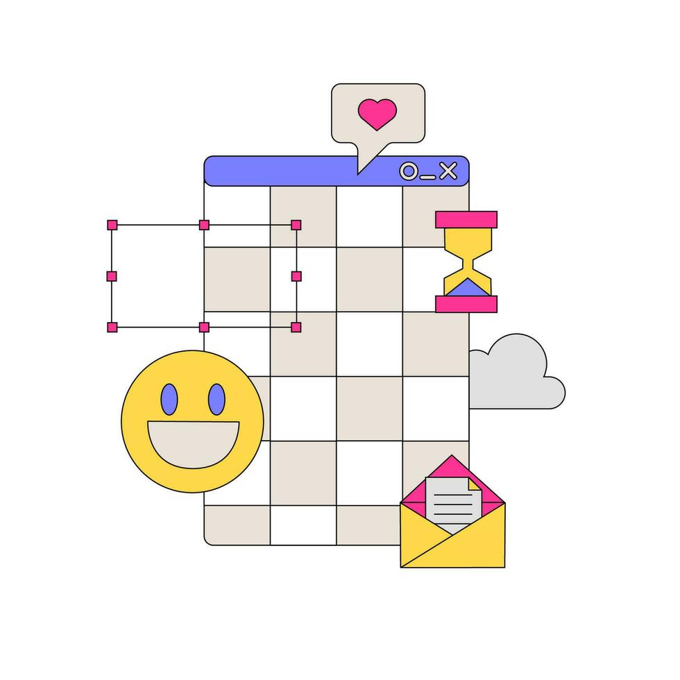 Cute print in 90s retro pc style with window panel, smile, email etc. Trendy y2k graphic for tee, sweatshirt. Contour Vector hand drawn illustration.