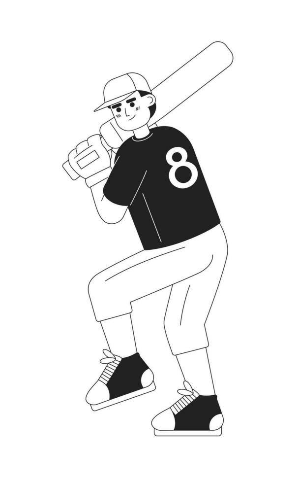 Young caucasian male batter in proper batting stance monochromatic flat vector character. Cricket. Editable thin line full body person on white. Simple bw cartoon spot image for web graphic design