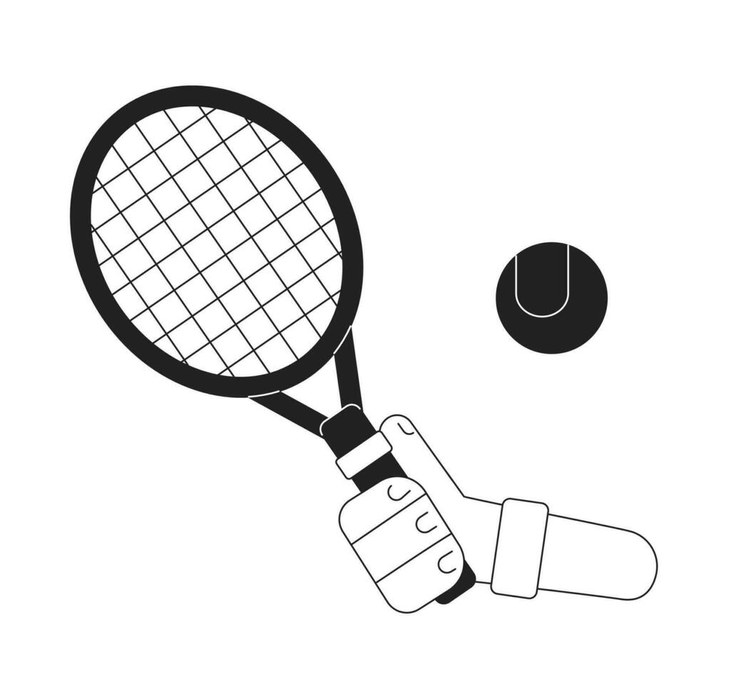 Hand with racket hitting tennis ball monochromatic flat vector first view hand. Tennis sports equipment. Editable thin line closeup pov on white. Simple bw cartoon spot image for web graphic design