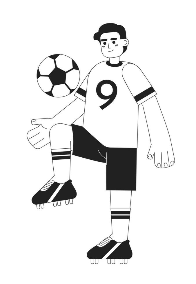 Young brazilian footballer kicking soccer ball monochromatic flat vector character. Male soccer player. Editable thin line full body person on white. Simple bw cartoon spot image for graphic design