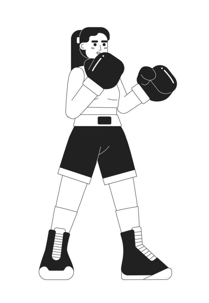 Kickboxing young woman monochromatic flat vector character. Caucasian girl wearing boxing gloves. Editable thin line full body person on white. Simple bw cartoon spot image for web graphic design