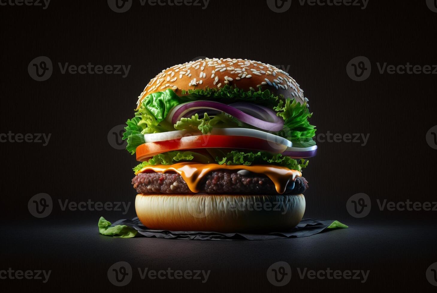 delicious and attractive hamburger with refreshing ingredients on a dark background. photo