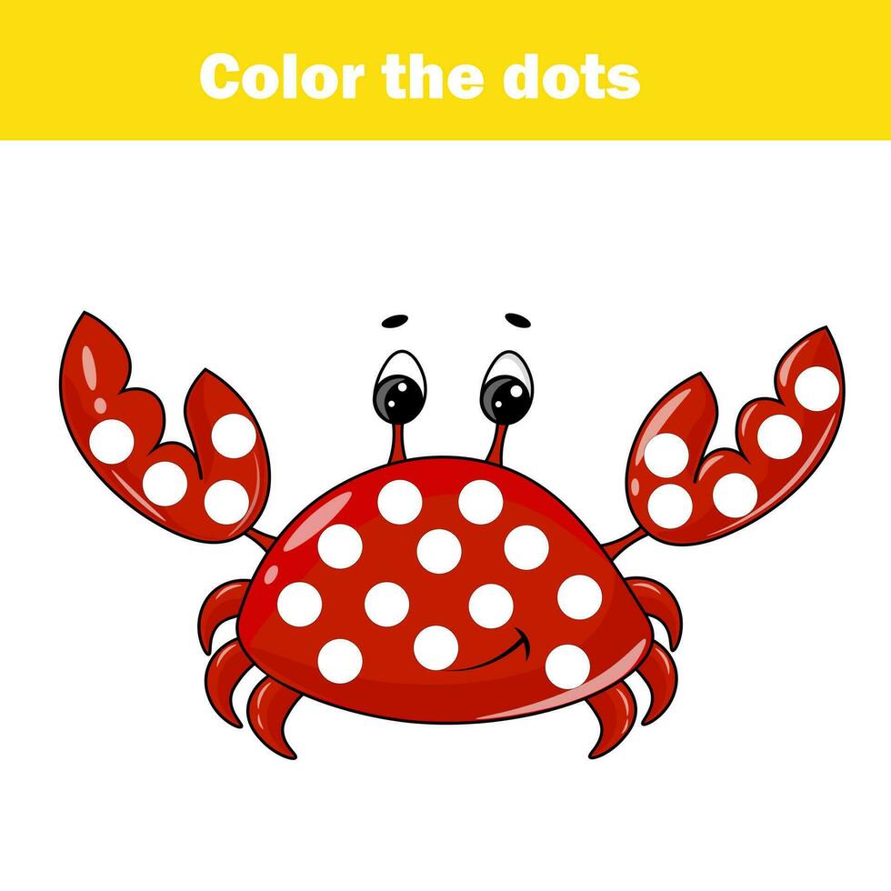 Educational children's game. Color the dot for kids and toddlers. Animal theme, cartoon crab. Motor skills worksheet for preschoolers vector