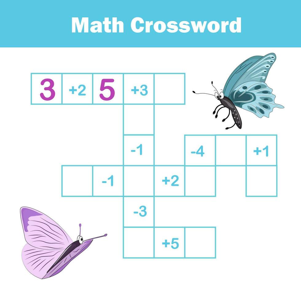 Mathematics educational game for children. Math crossword write missing numbers. Learning equations for pre school kids vector