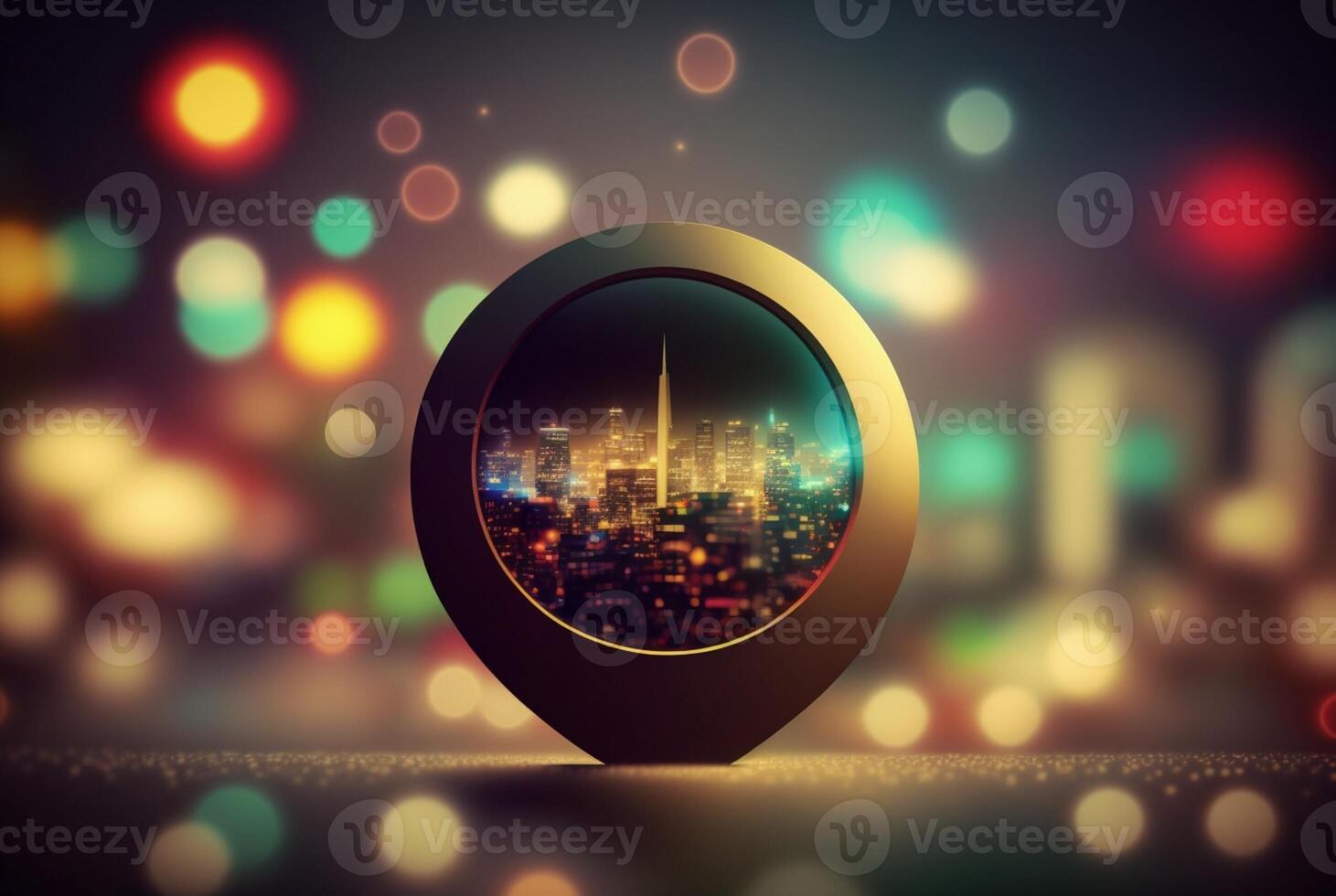 Travel and technology concept. Gps icon on bokeh city background. photo