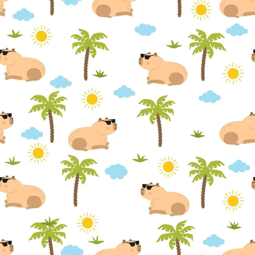 Capybara animal seamless with palm tree, sun and cloudy vector