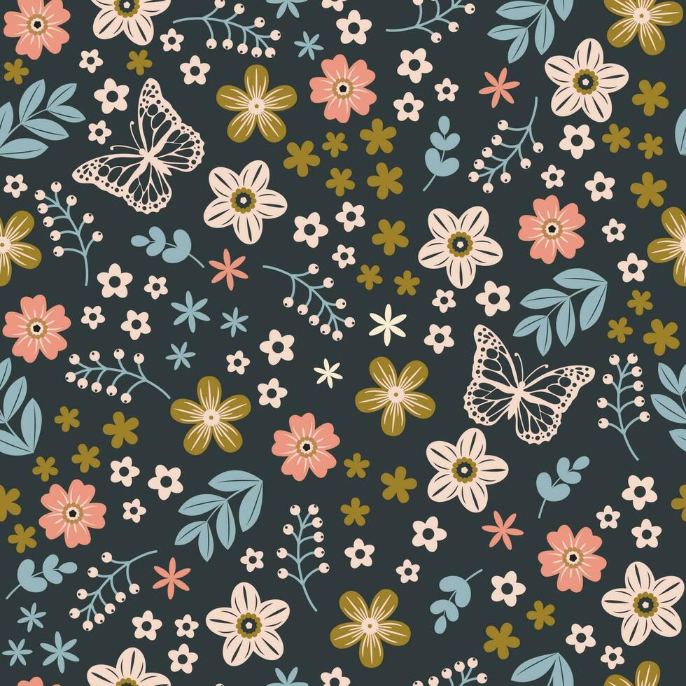 Cute drawing in a small flowers and butterfly. Small colorful flowers. Ditsy floral background. An elegant template for fashionable prints. vector