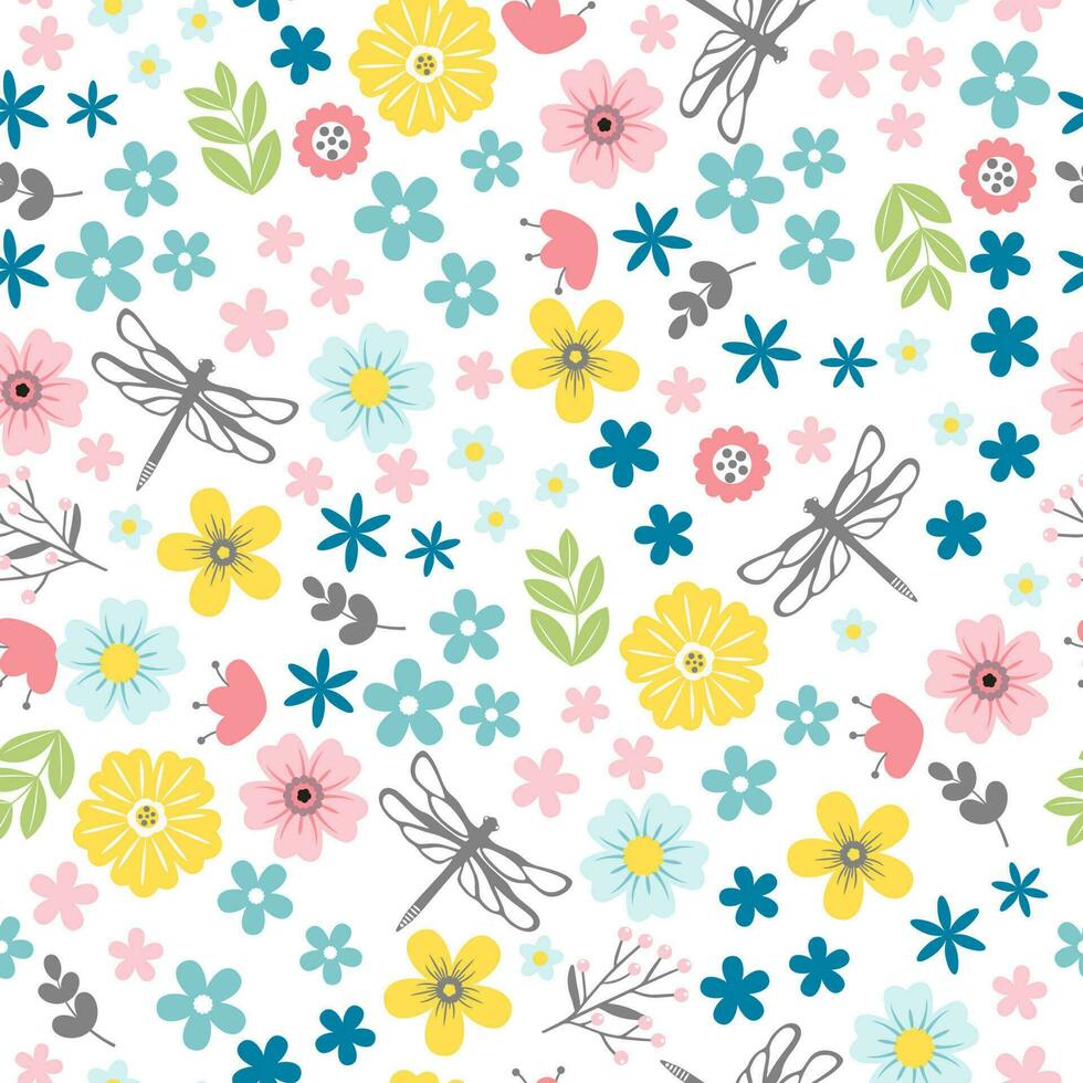 Simple seamless pattern with flowers and dragonflies vector